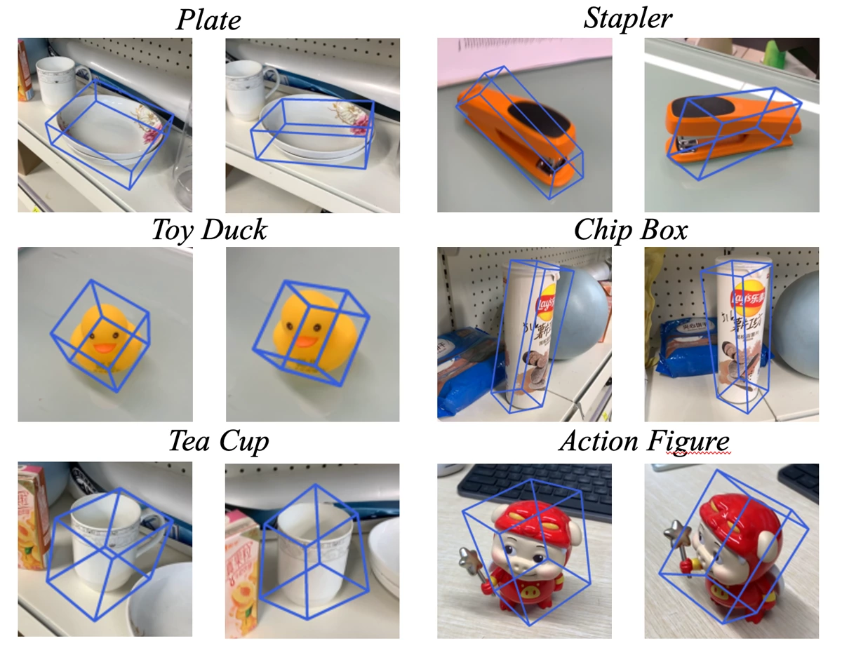 Blue pose boxes on unseen plates, staplers, toy ducks, chip boxes, tea cups, and action figures in real scenes