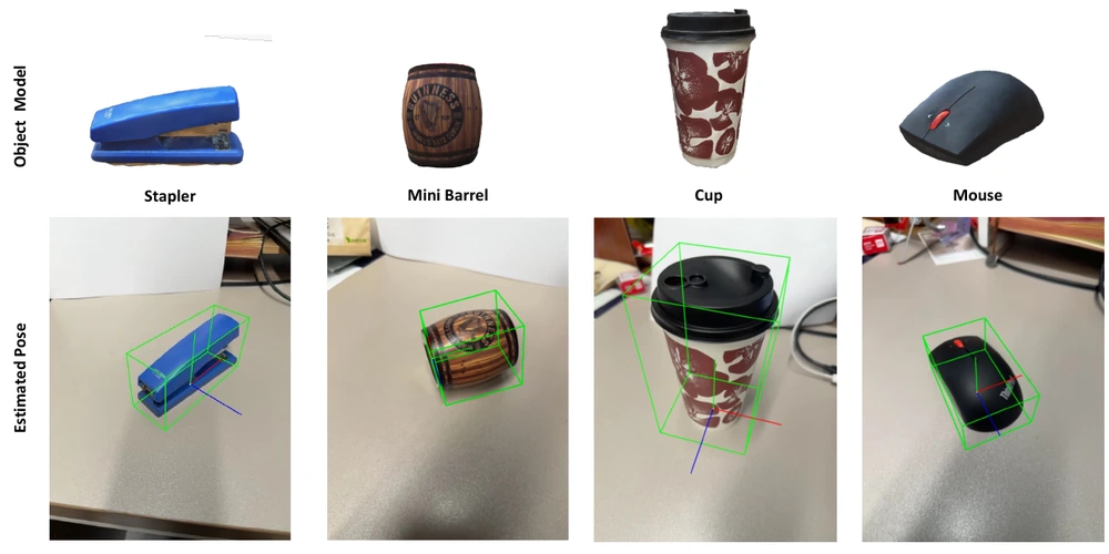 CAD models of a stapler, mini barrel, cup, and mouse above real images with predicted 3D boxes and object axes