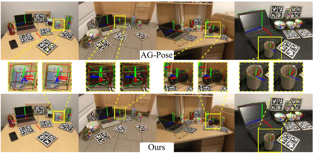 AG-Pose above and RCSPose below on REAL275 scenes, with enlarged challenging regions such as mug handles