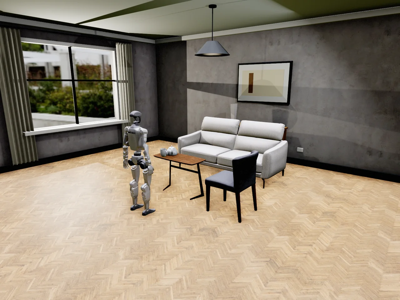 G1 at the end of its approach, standing in front of and facing the coffee table