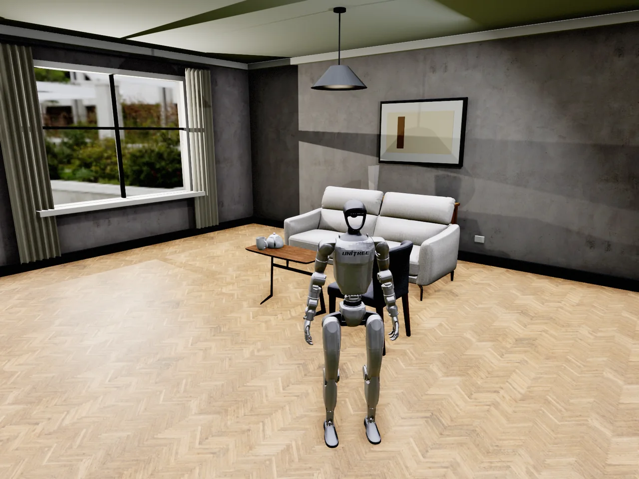 Unitree G1 standing inside the generated living room beside the sofa and coffee table